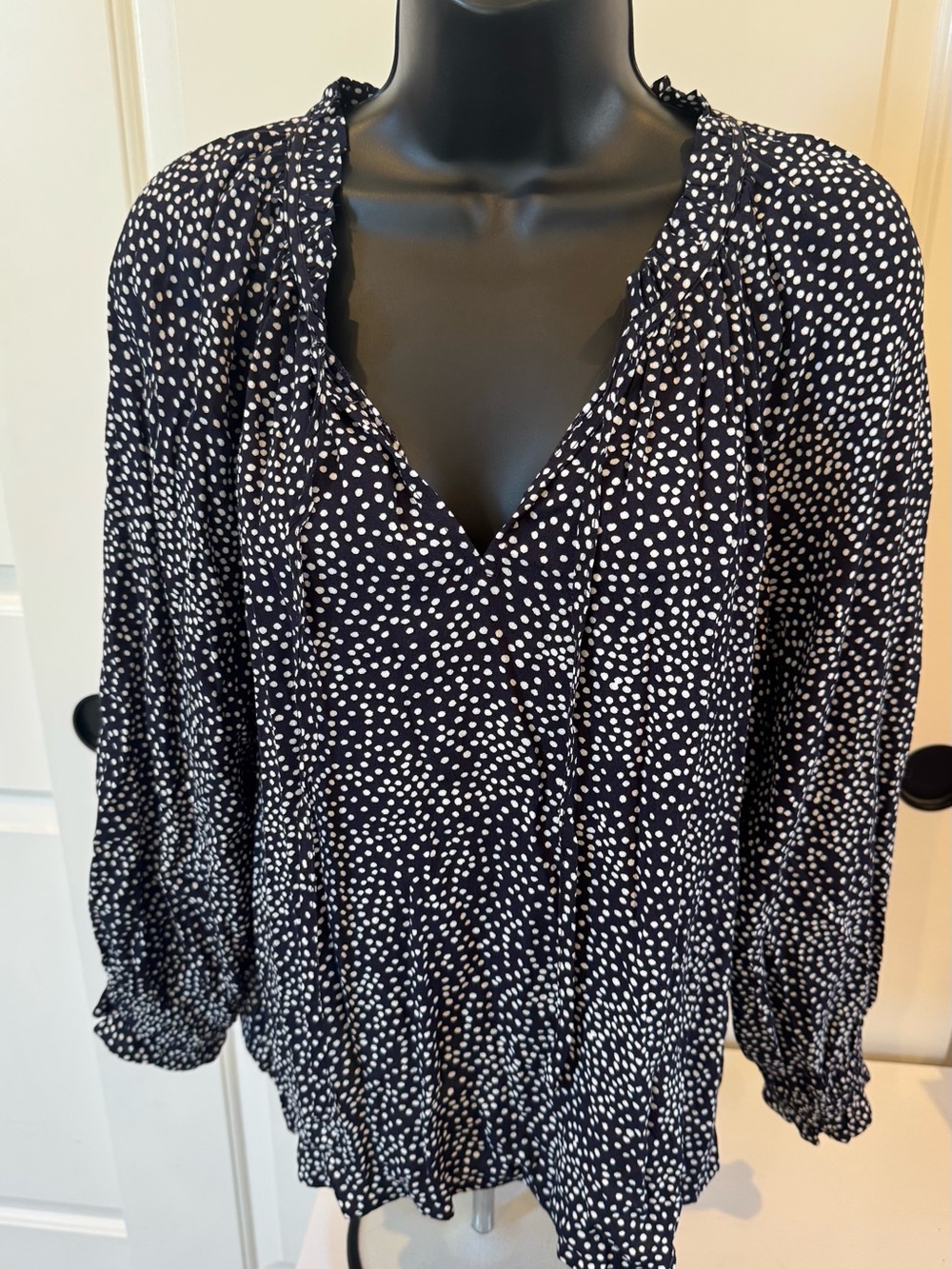 LOFT Black Blouse with White Polka Dot Print